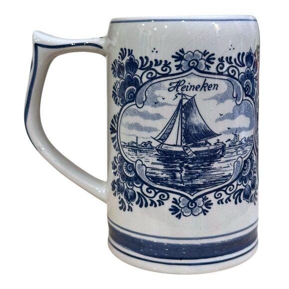 Vtg. Delft Cobalt Blue & White Heineken Beer Stein – Windmill & Sailboat Scene - Picture 1 of 12